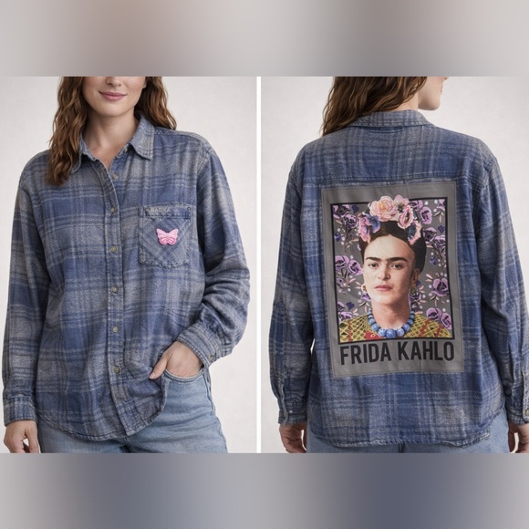 Handmade Other - Upcycled Frida Kahlo Graphic Tee On Flannel Button Down Gray & Blue Size L OOAK